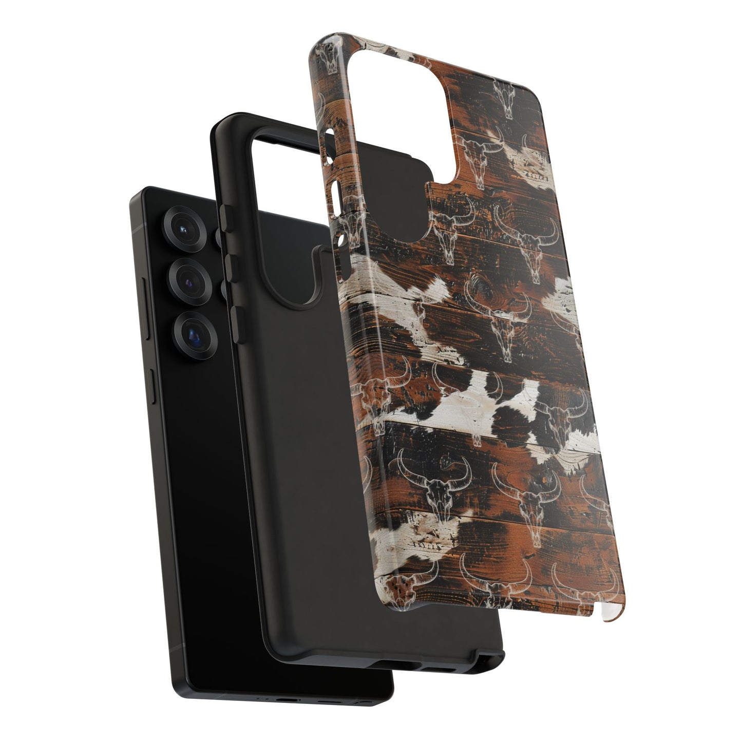 Wooden Cowhide Bull Skull Tough Phone Case