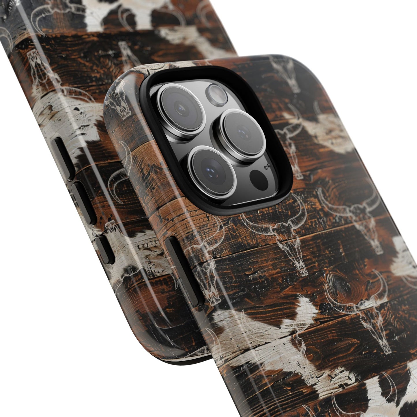 Wooden Cowhide Bull Skull Tough Phone Case