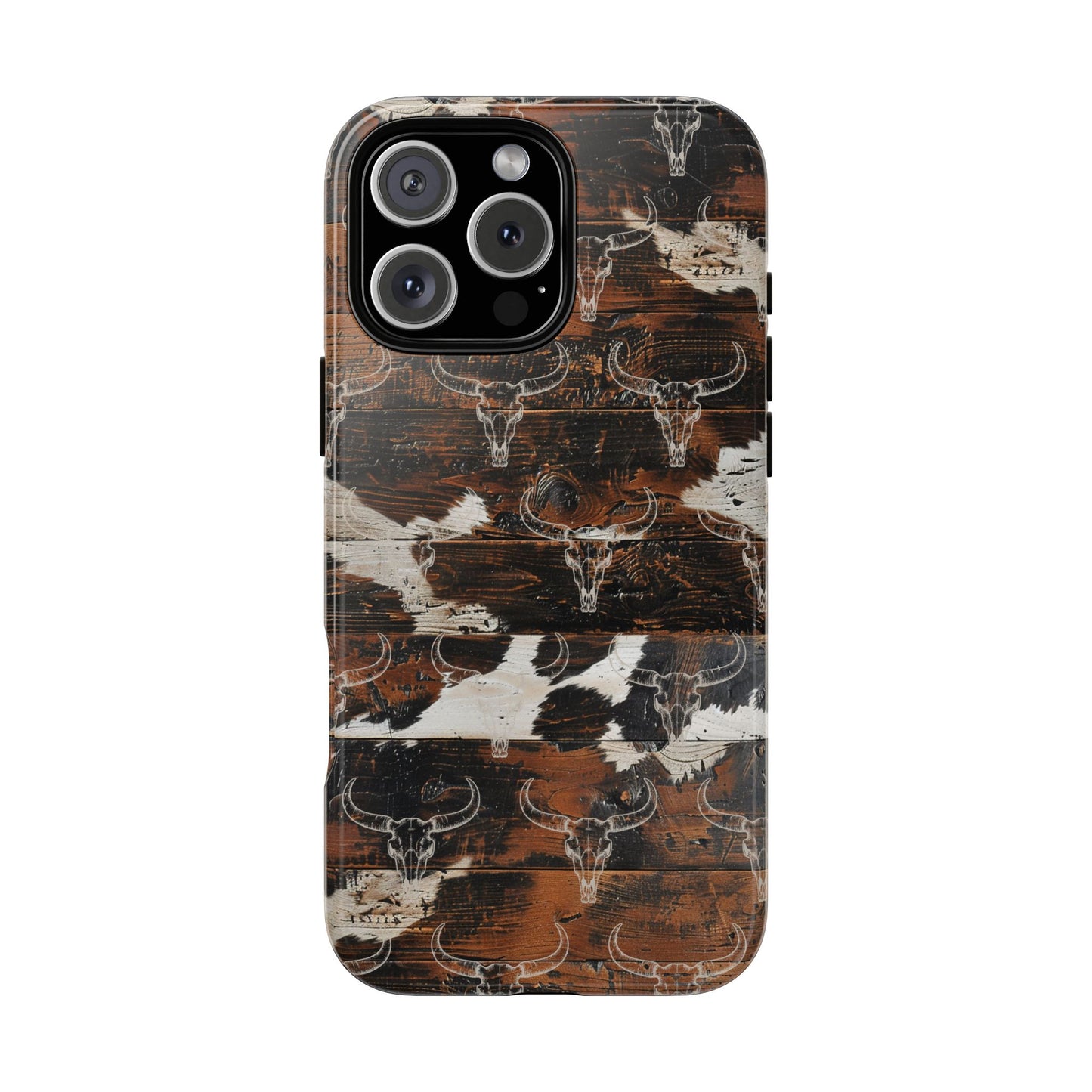 Wooden Cowhide Bull Skull Tough Phone Case