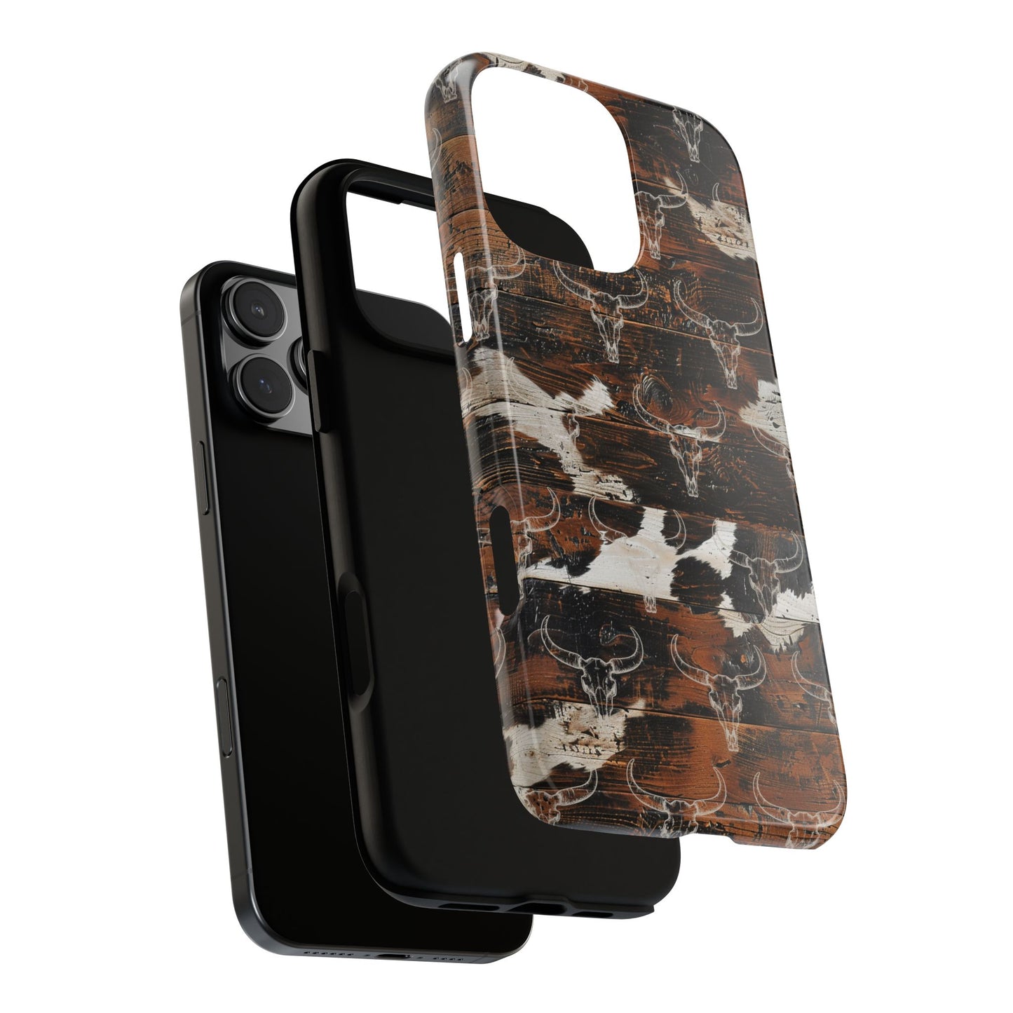 Wooden Cowhide Bull Skull Tough Phone Case