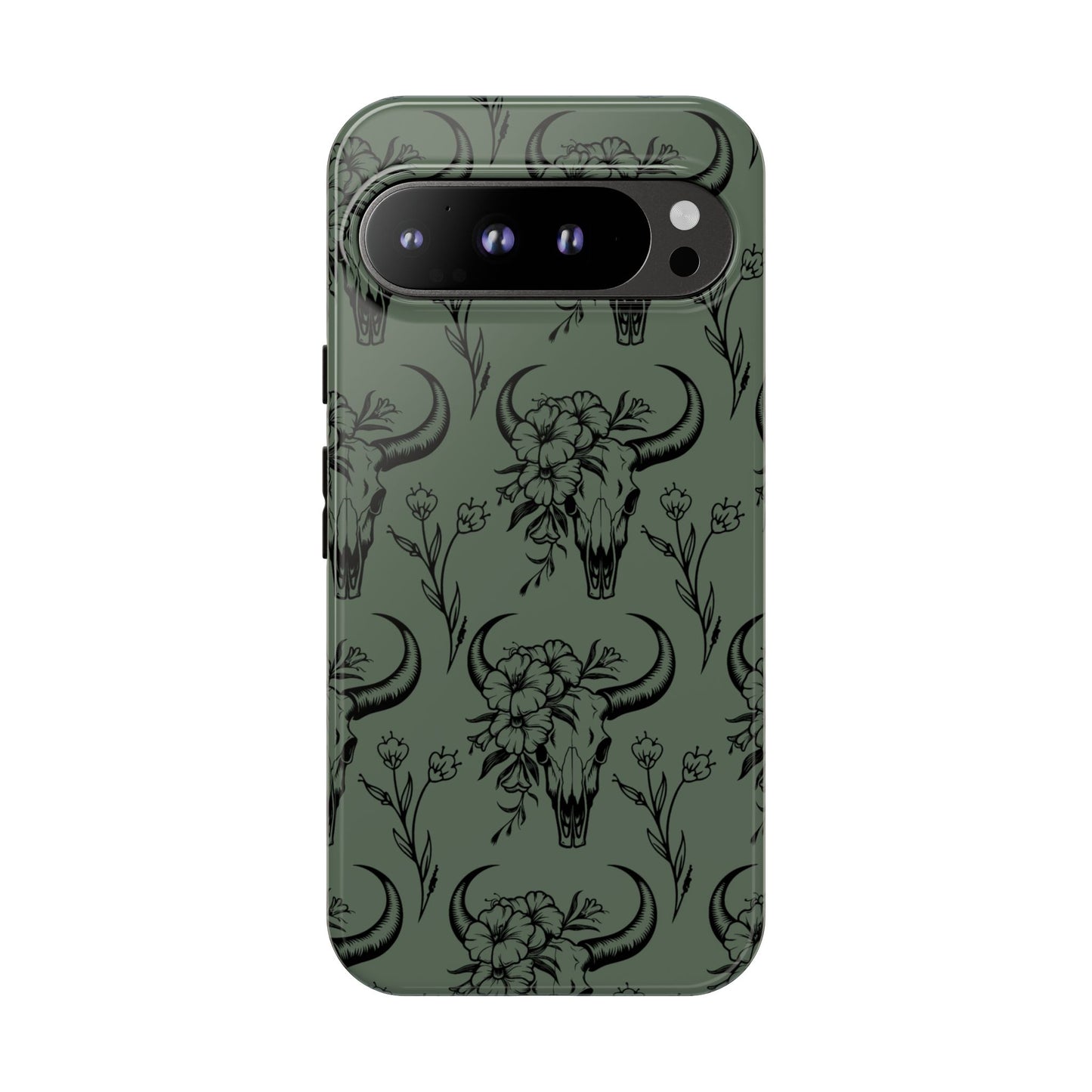 Green Floral Skull Tough Phone Case