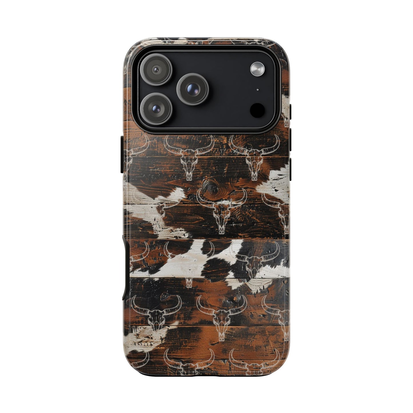 Wooden Cowhide Bull Skull Tough Phone Case