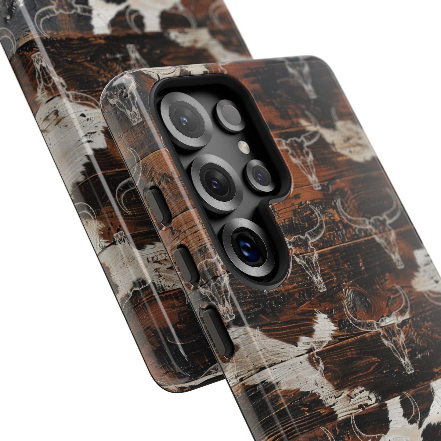 Wooden Cowhide Bull Skull Tough Phone Case