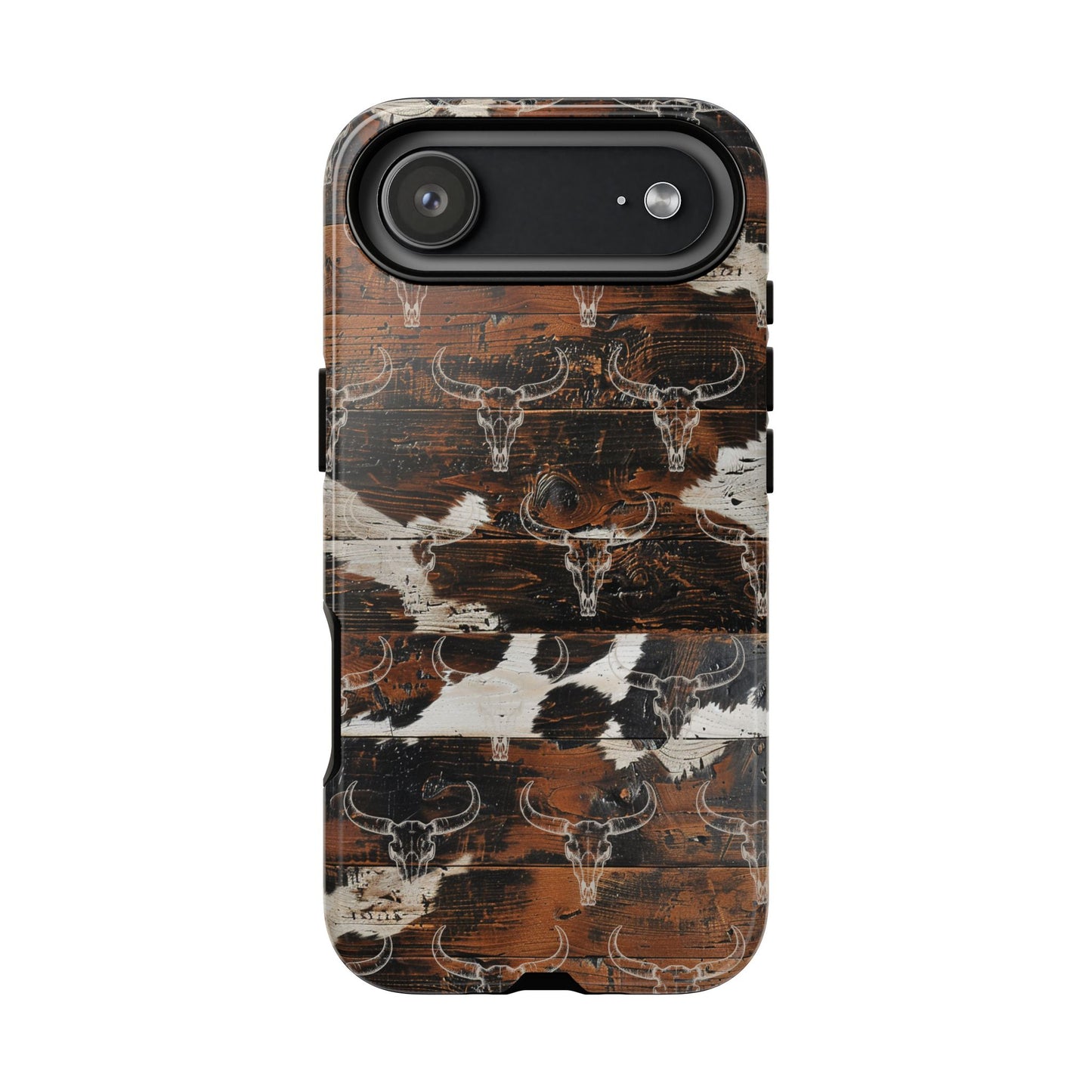 Wooden Cowhide Bull Skull Tough Phone Case