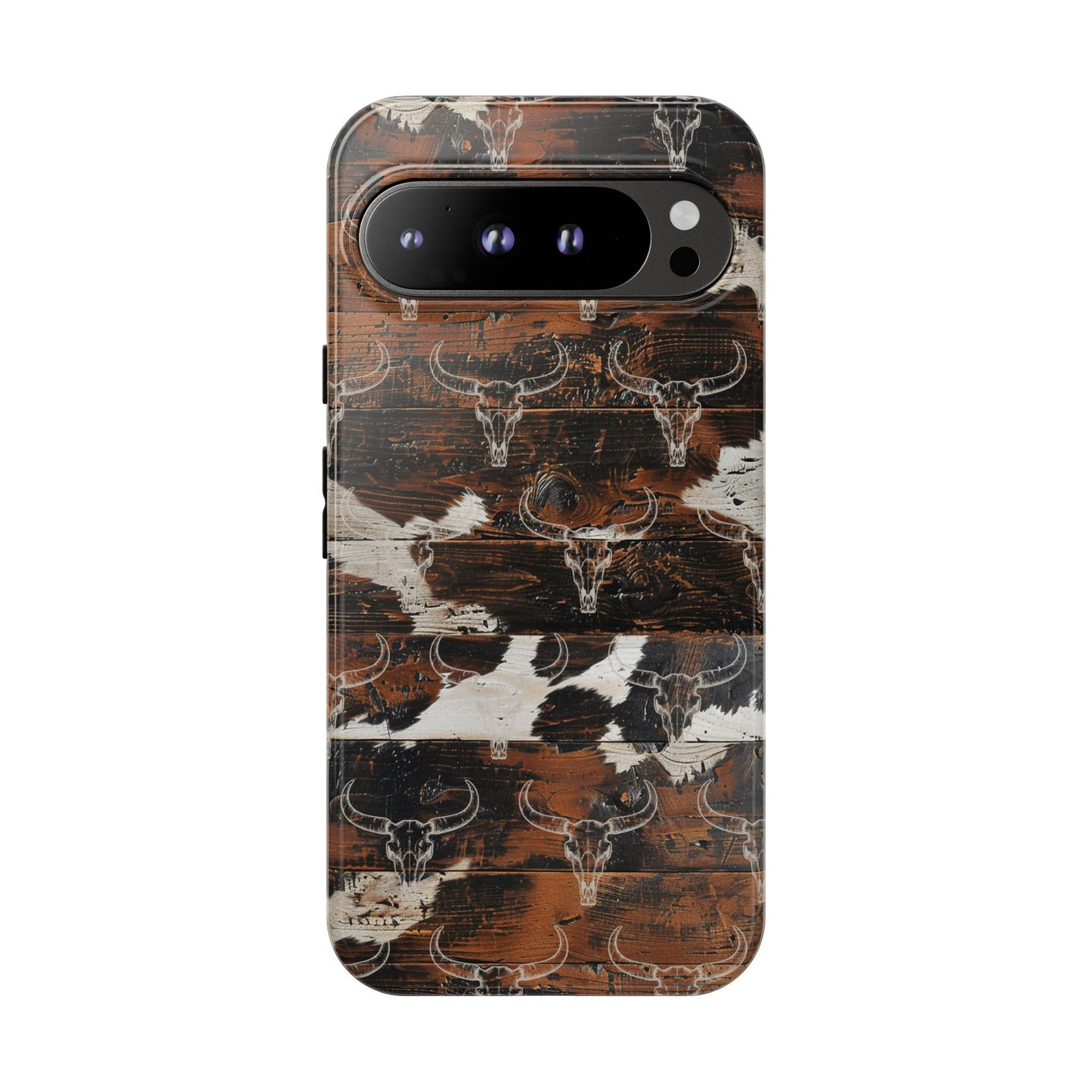 Wooden Cowhide Bull Skull Tough Phone Case