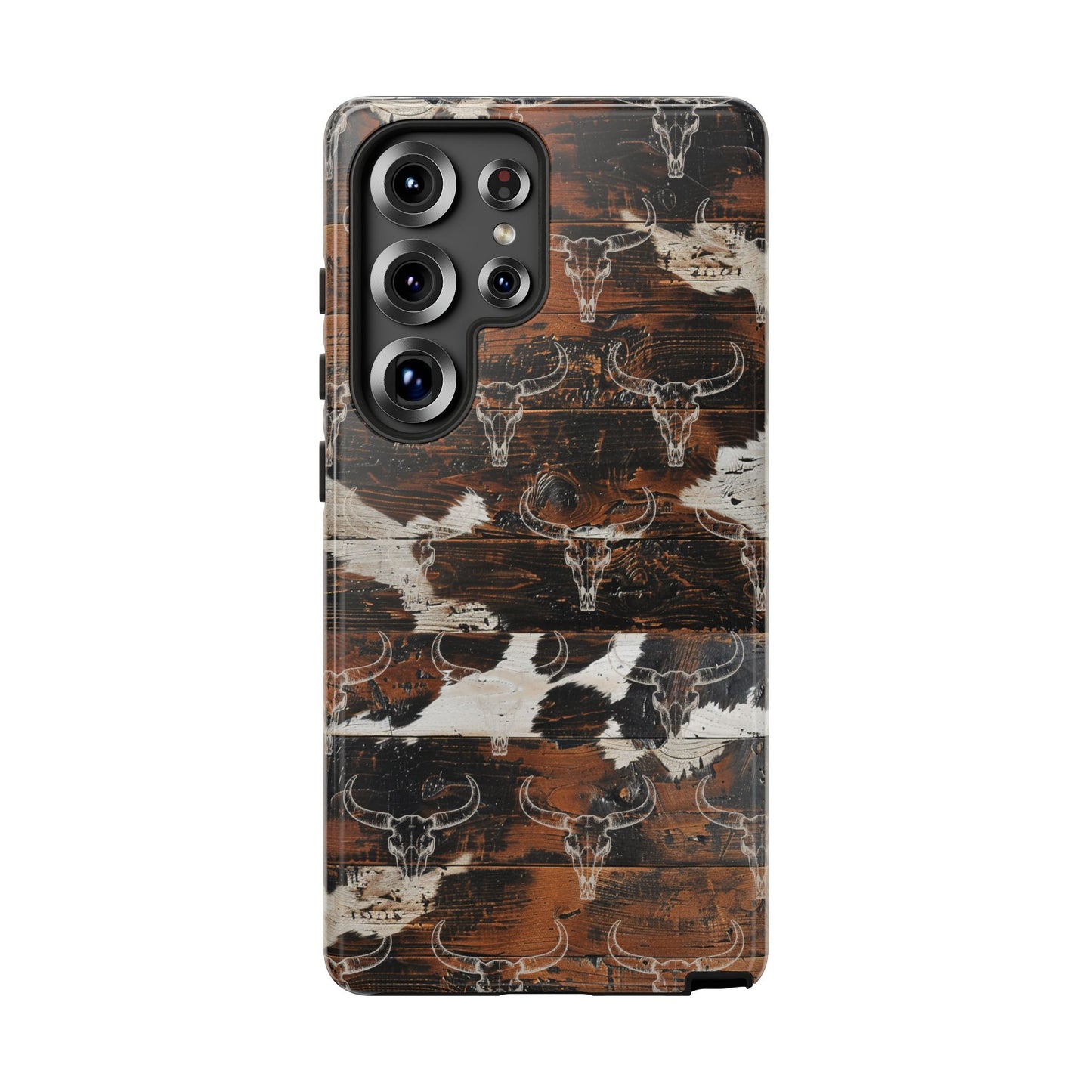Wooden Cowhide Bull Skull Tough Phone Case