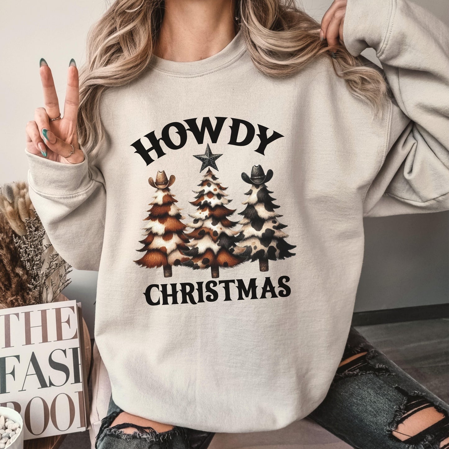 Howdy Christmas Cowhide Trees Sweatshirt