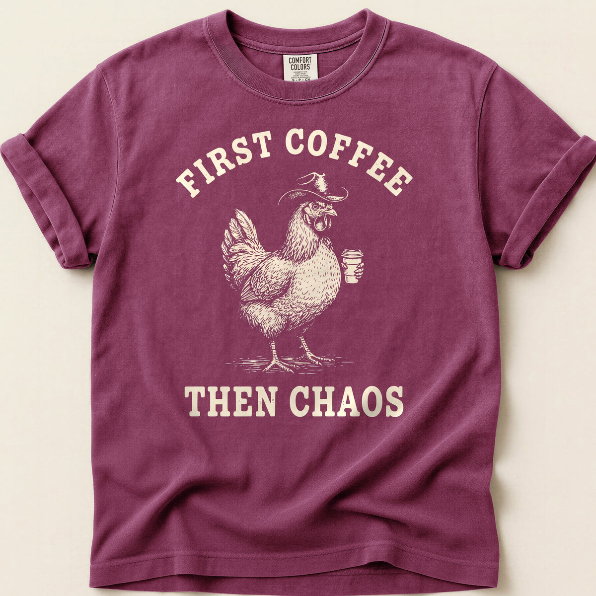 Coffee Chaos Hen T-shirt on Berry