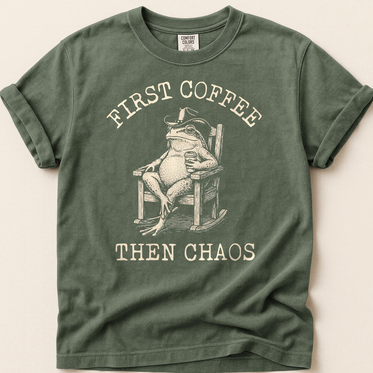 Coffee Chaos Toad T-shirt on Moss