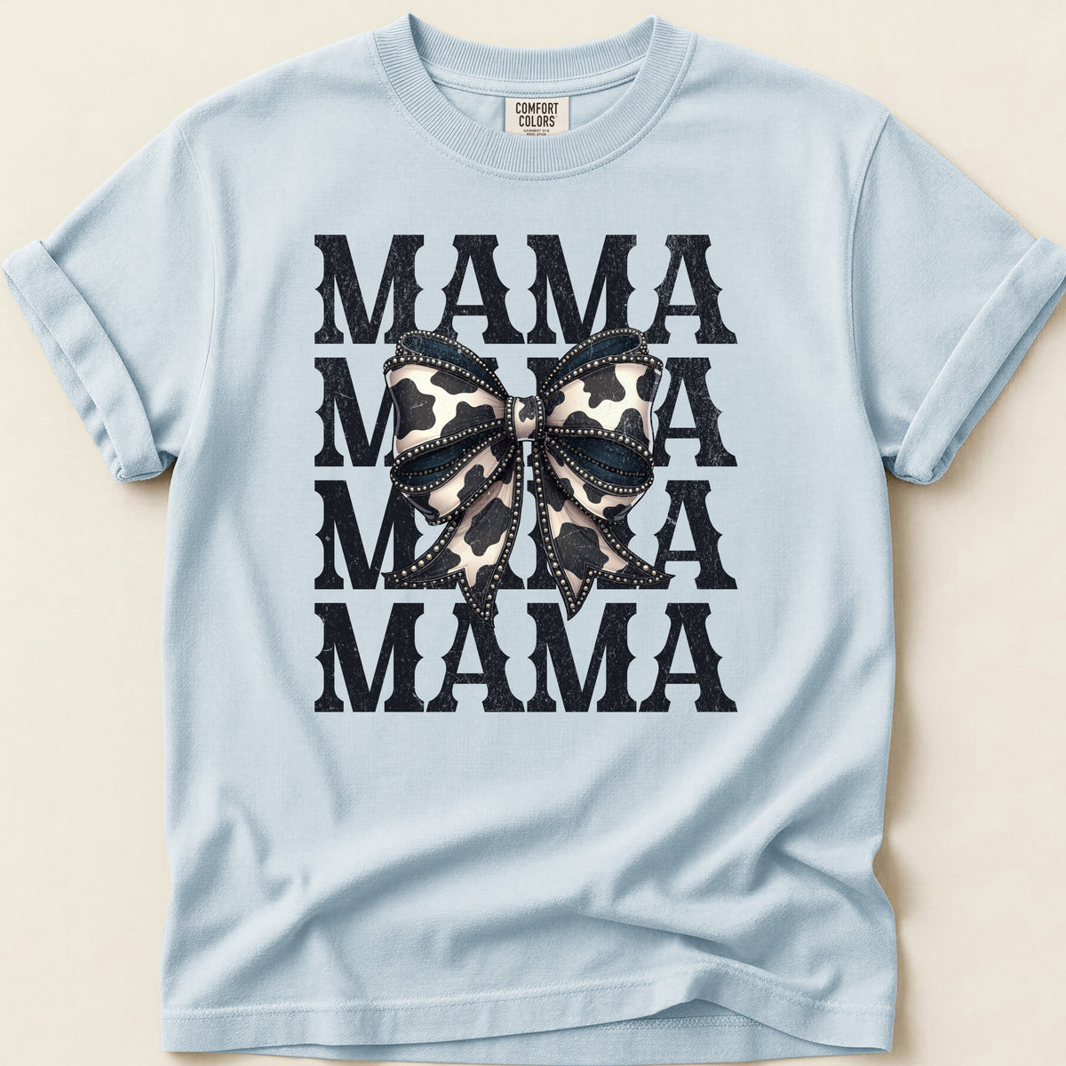 Cowhide Bow Mama T-shirt on Chambray
