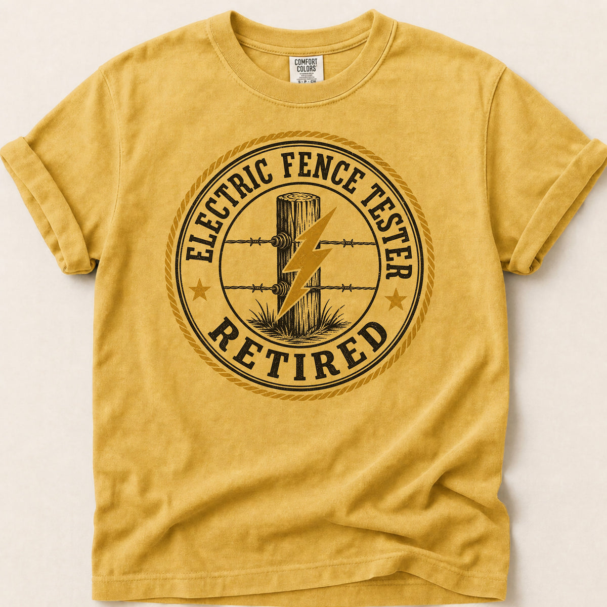 Electric Fence Tester T-shirt on Mustard