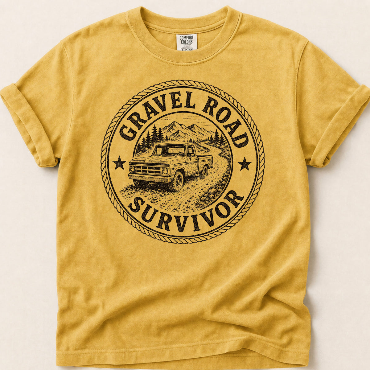 Gravel Road Survivor T-shirt on Mustard