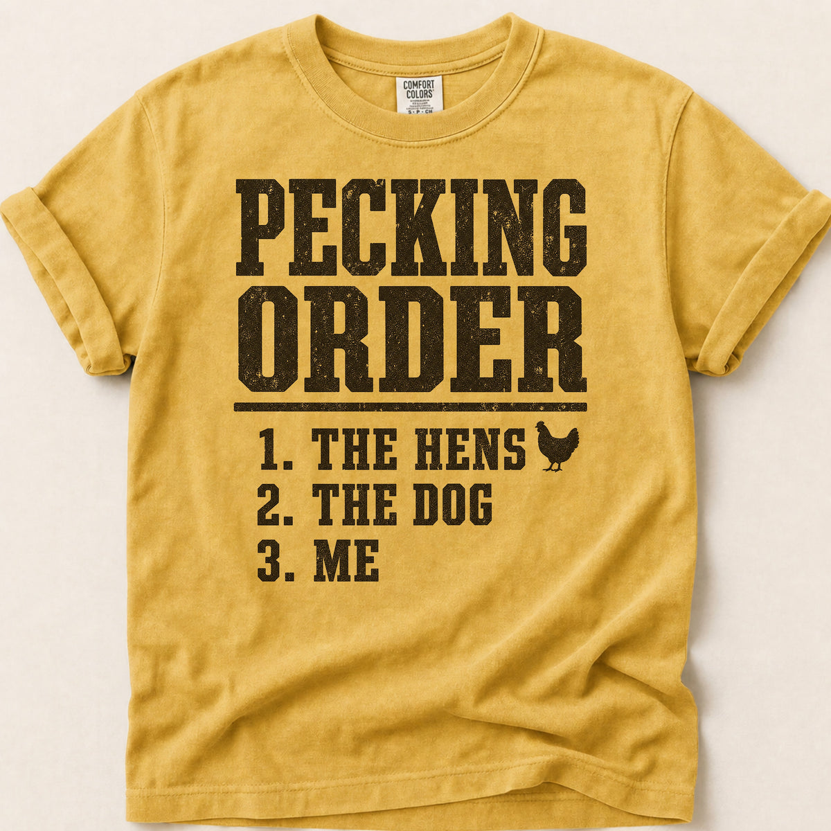 Pecking Order T-shirt on Mustard