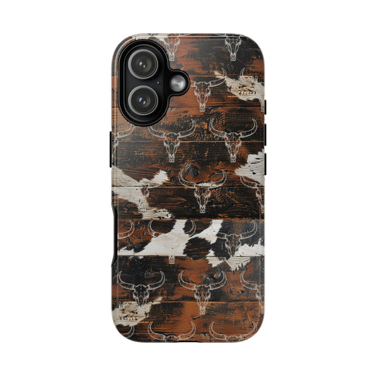 Wooden Cowhide Bull Skull Tough Phone Case