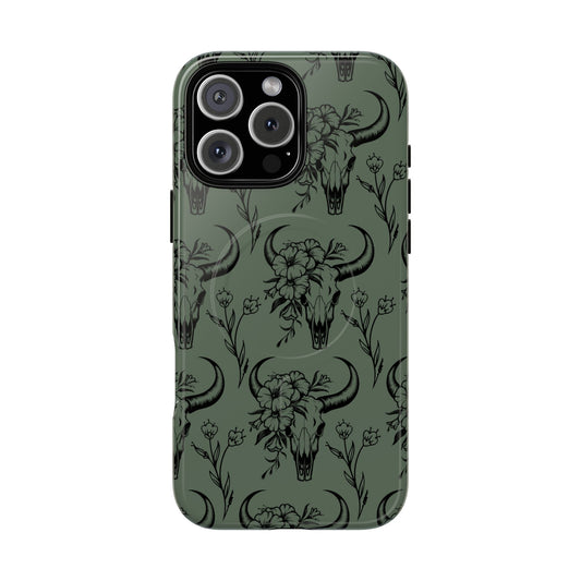 Green Floral Skull Magnetic Case