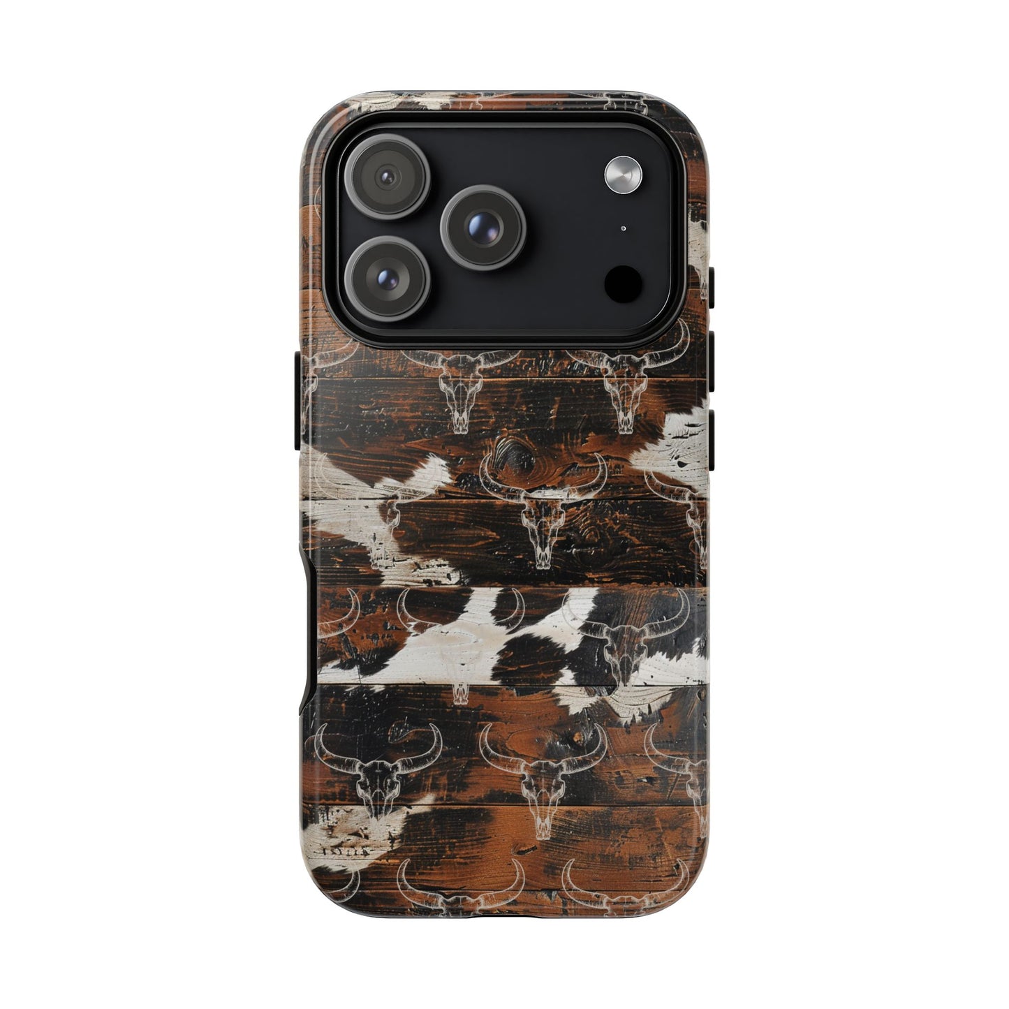 Wooden Cowhide Bull Skull Tough Phone Case