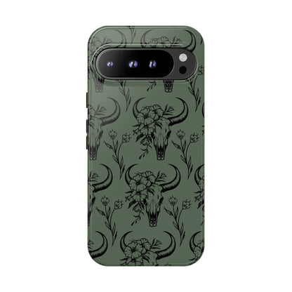 Green Floral Skull Tough Phone Case