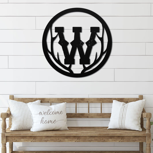 Antler Circle Monogram Metal Sign