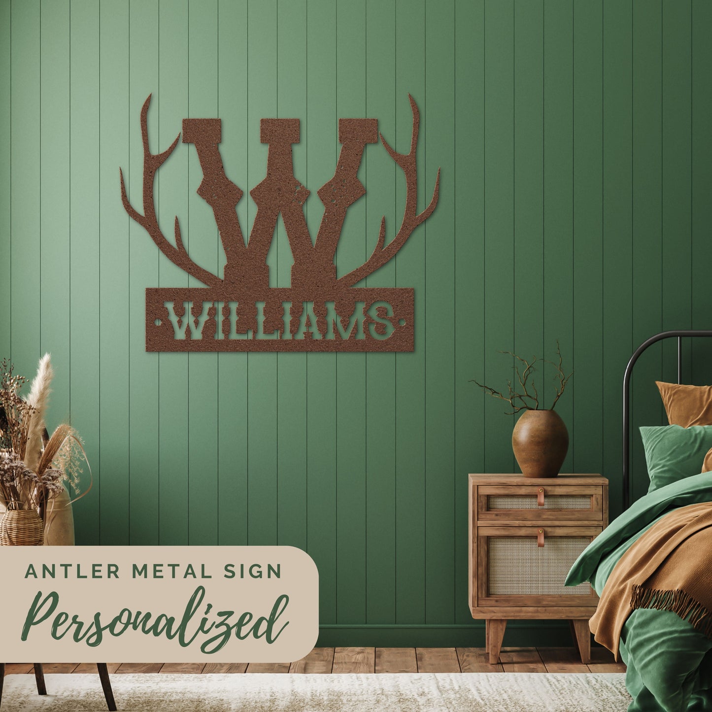 Antler Monogram + Name Metal Sign