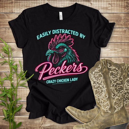 Easily Distracted Peckers Neon T Shirt - Black Heather