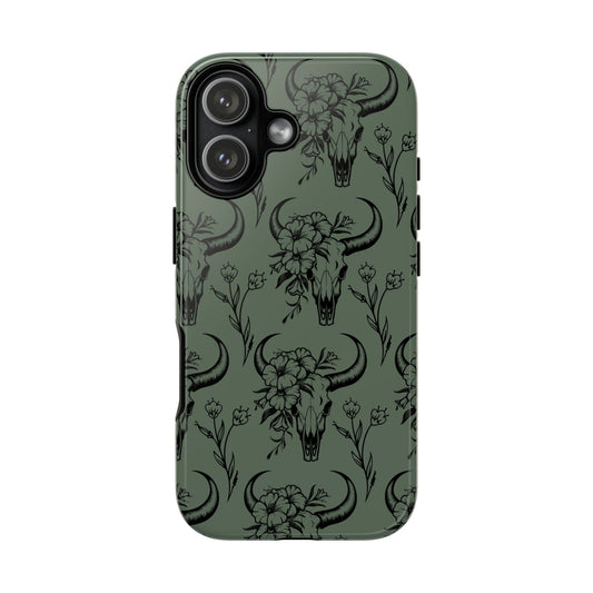 Green Floral Skull Tough Phone Case