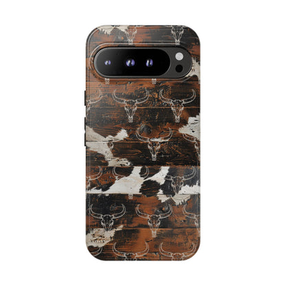 Wooden Cowhide Bull Skull Tough Phone Case