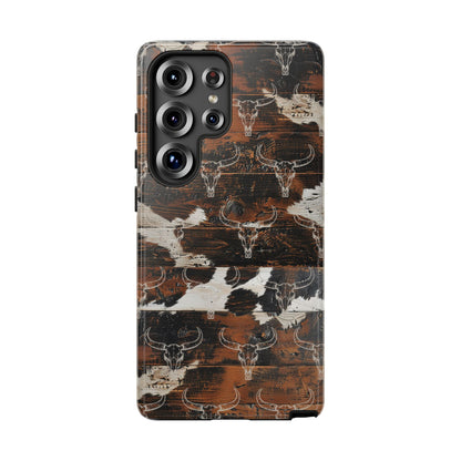 Wooden Cowhide Bull Skull Tough Phone Case