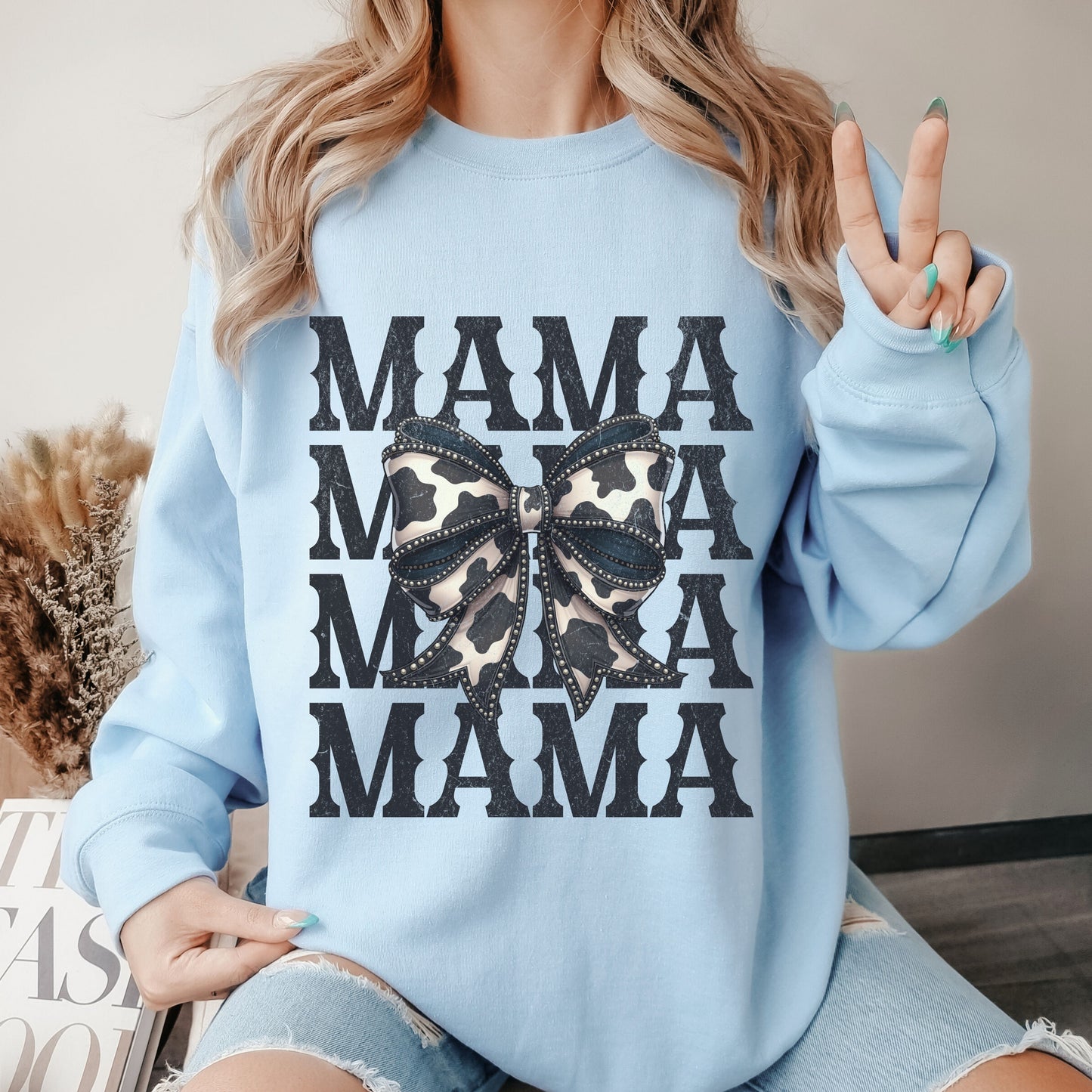 Cowhide Bow Mama Crew Sweatshirt