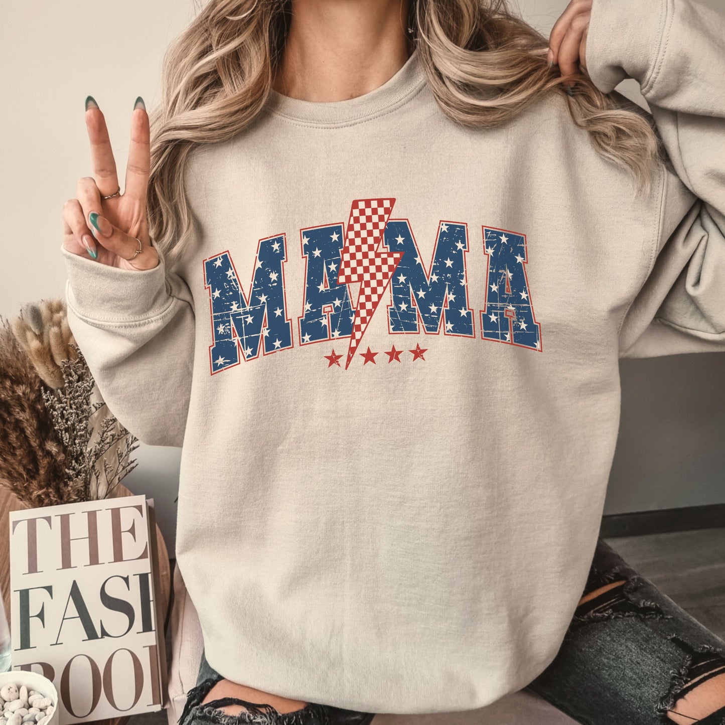 Patriotic Retro Bolt Mama Crew Sweatshirt