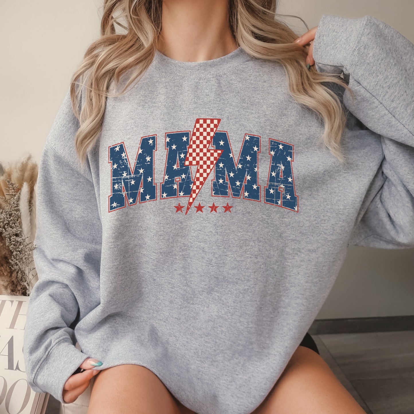 Patriotic Retro Bolt Mama Crew Sweatshirt