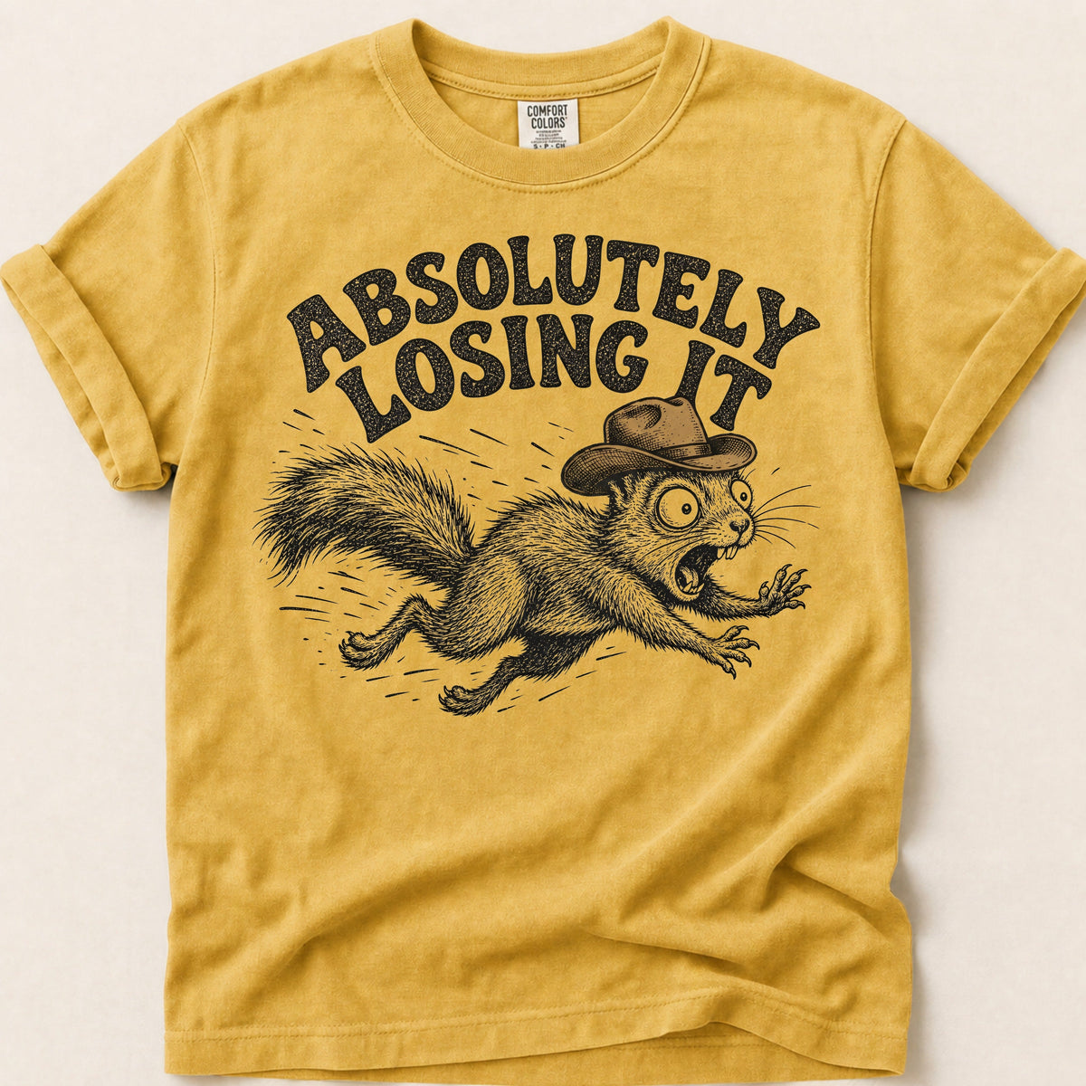 Absolutely Losing It Squirrel T-shirt on Mustard