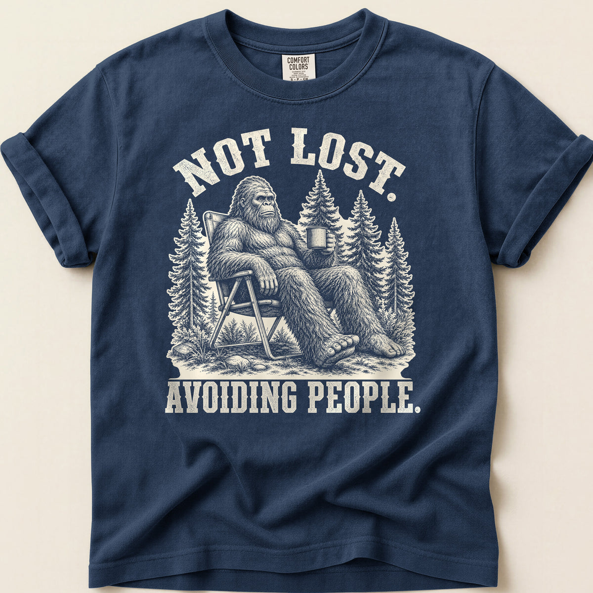Avoiding People Bigfoot T-shirt on Navy