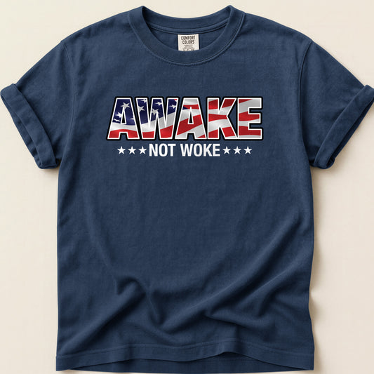 Awake Not Woke Patriotic T-shirt on Navy