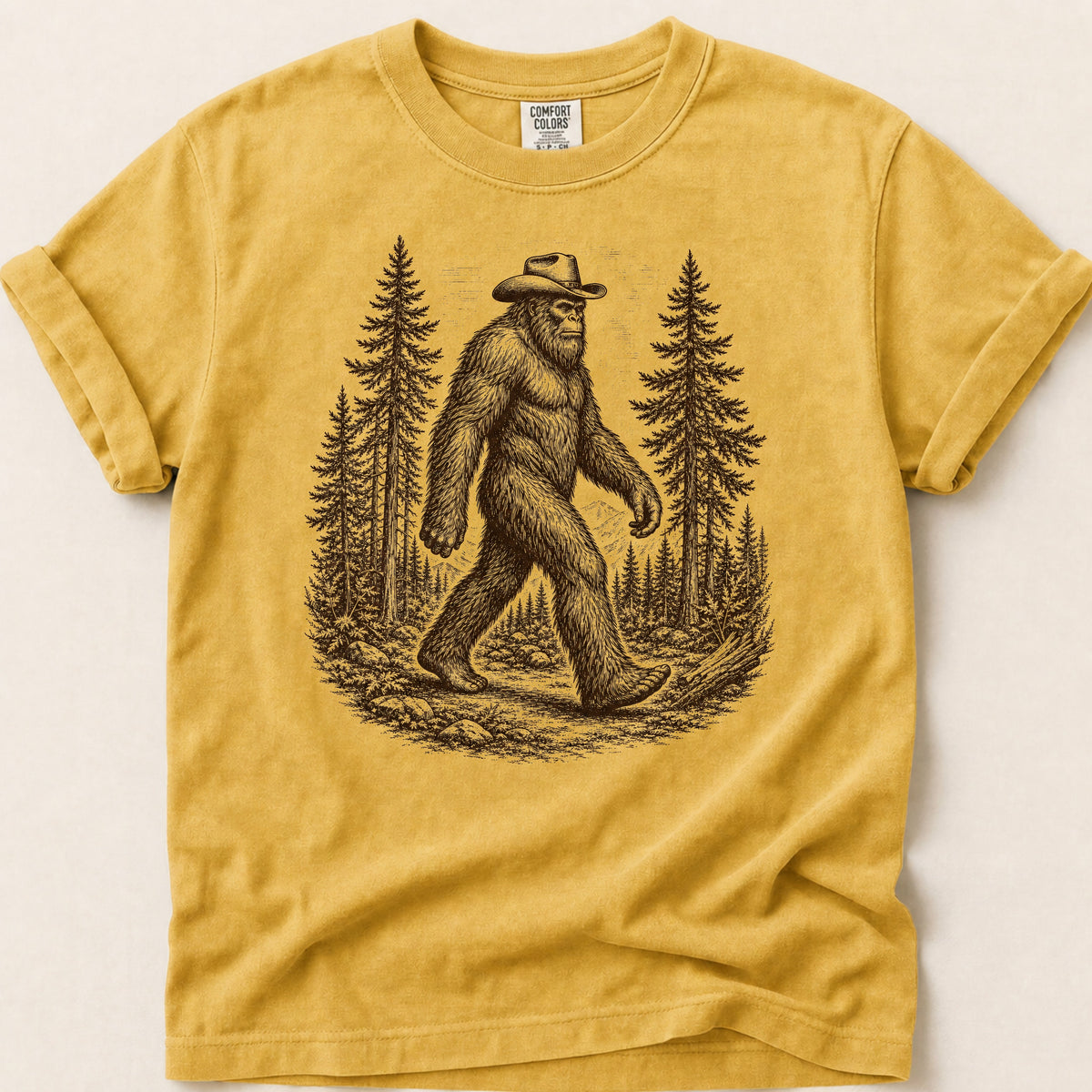 Bigfoot Portrait T-shirt on Mustard