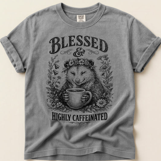 Blessed And Caffeinated T-Shirt on Grey
