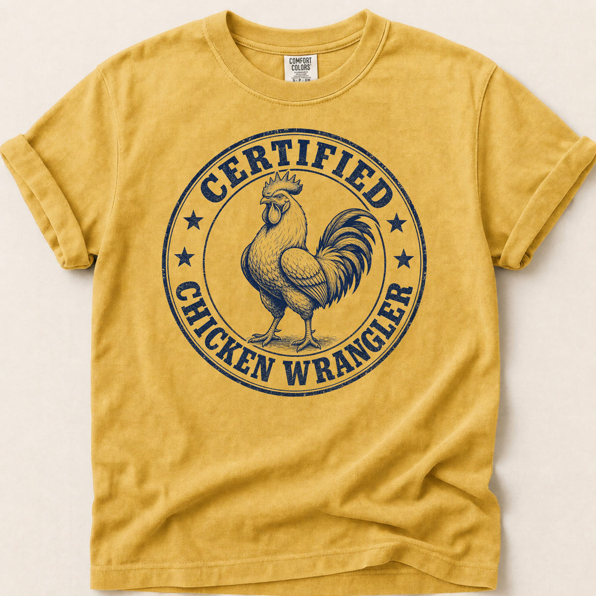 Chicken Wrangler T-shirt on Mustard
