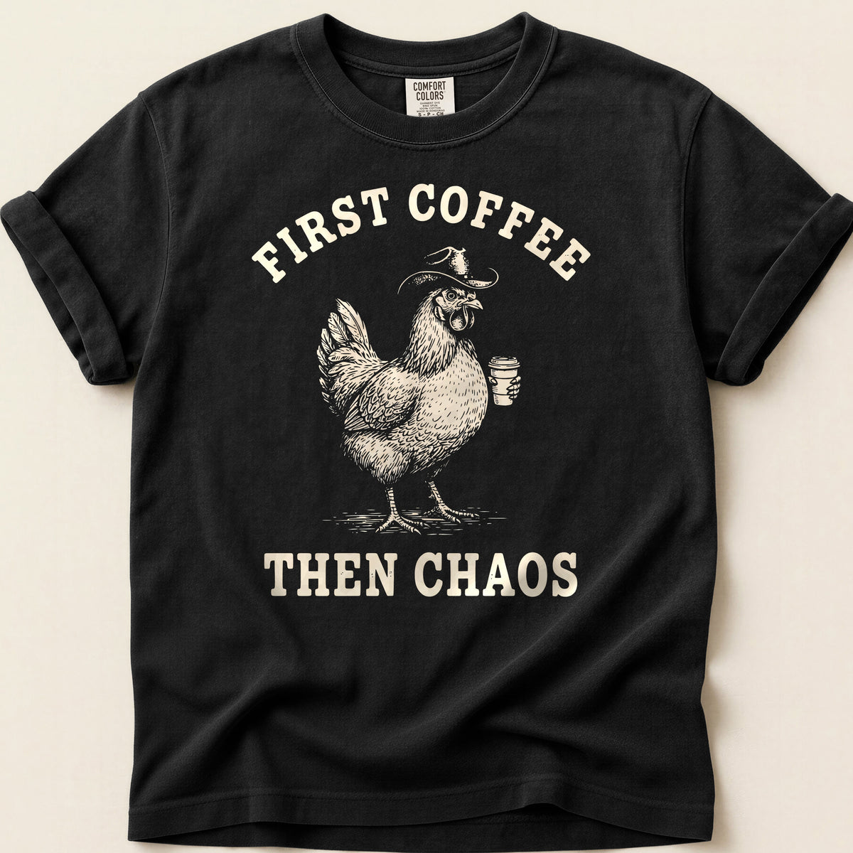Coffee Chaos Hen T-shirt on Black