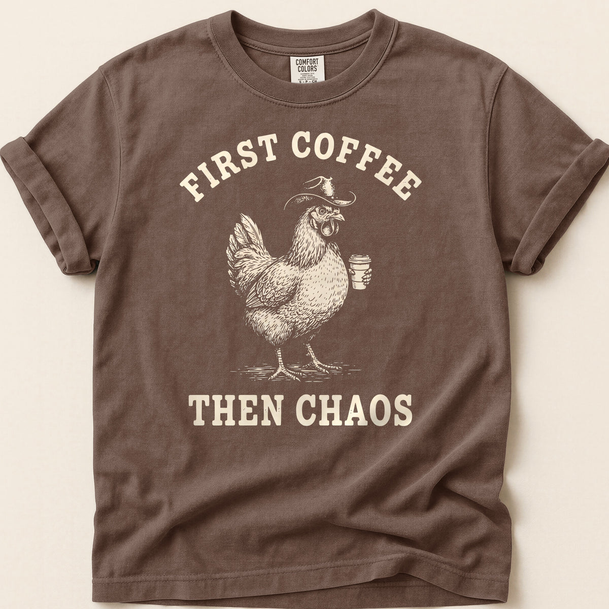 Coffee Chaos Hen T-shirt on Espresso