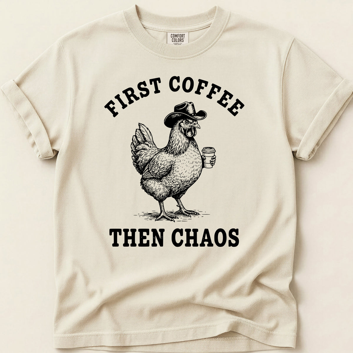 Coffee Chaos Hen T-shirt on Ivory