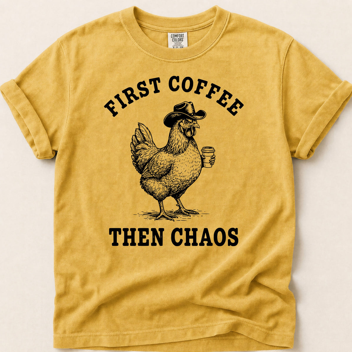 Coffee Chaos Hen T-shirt on Mustard