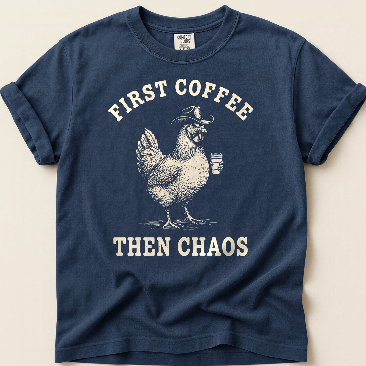 Coffee Chaos Hen T-shirt on Navy