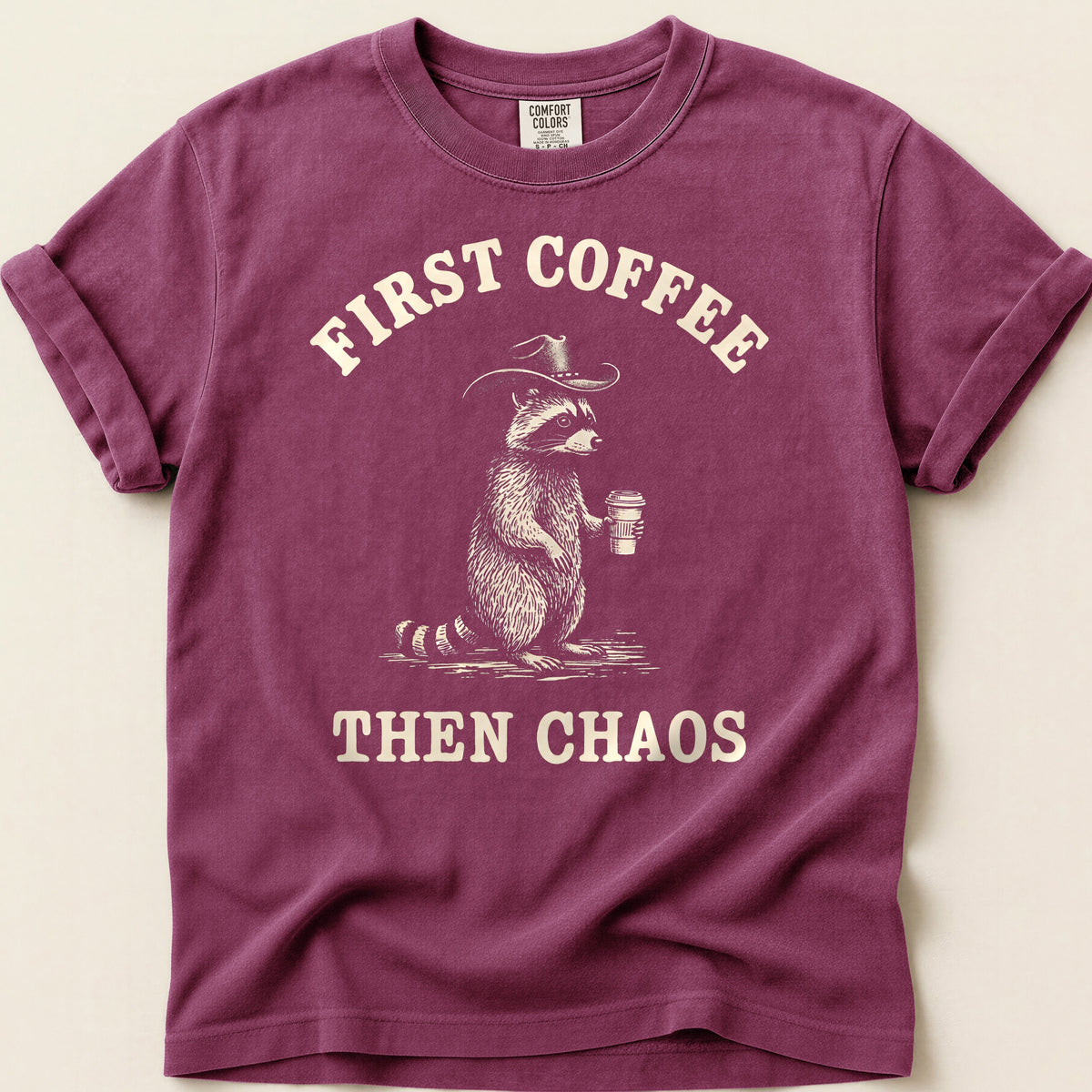 Coffee Chaos Raccoon T-shirt on Berry