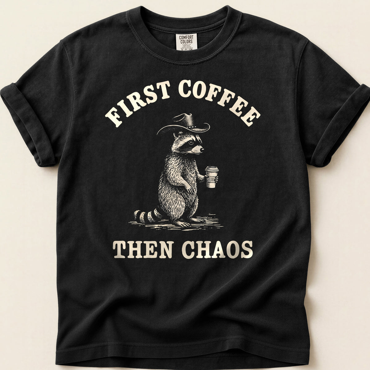 Coffee Chaos Raccoon T-shirt on Black