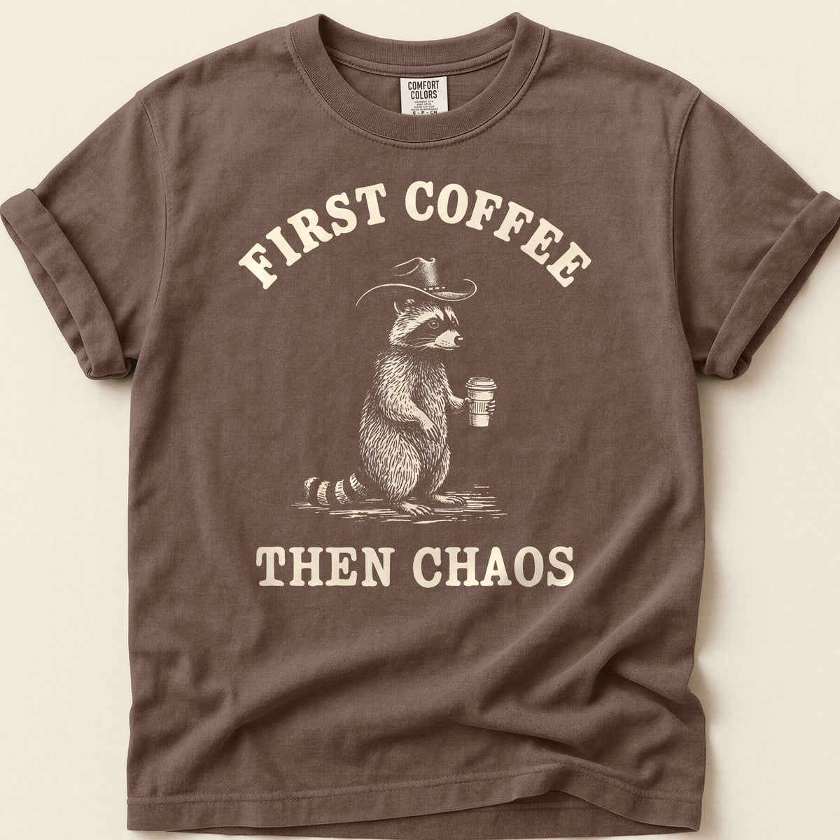 Coffee Chaos Raccoon T-shirt on Espresso