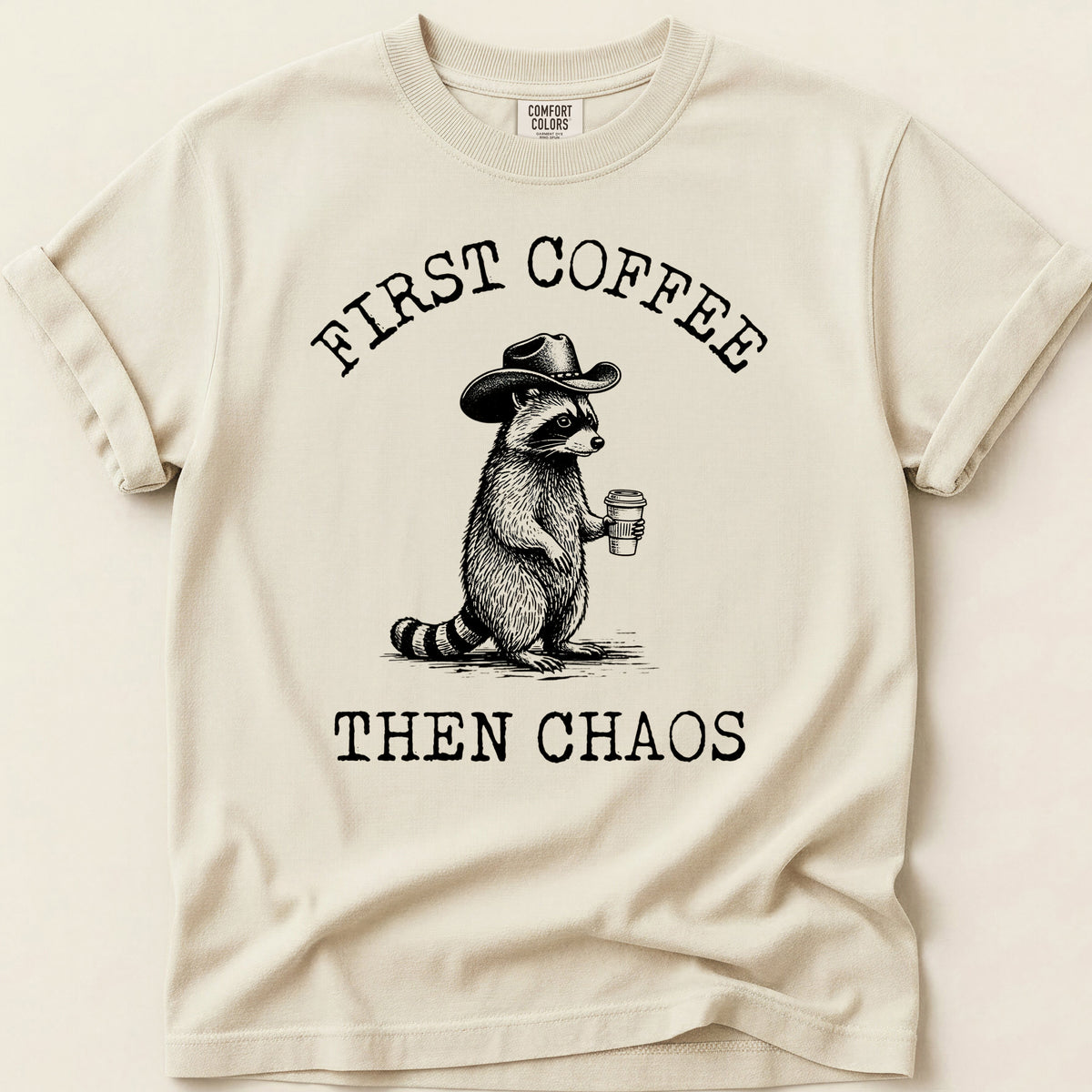 Coffee Chaos Raccoon T-shirt on Ivory