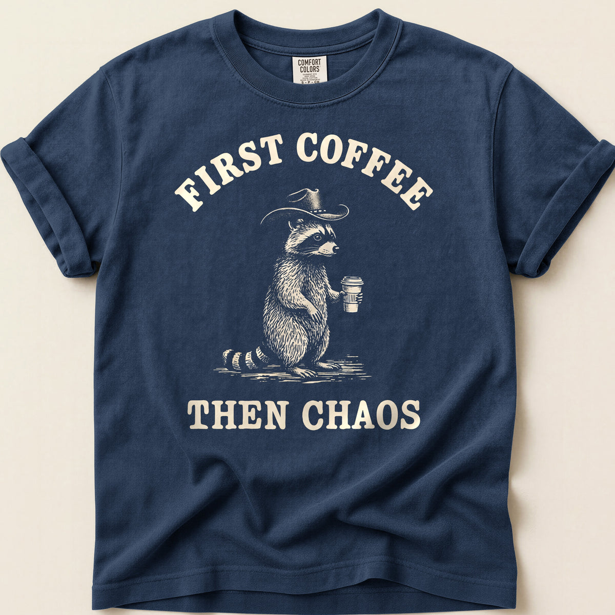 Coffee Chaos Raccoon T-shirt on Navy