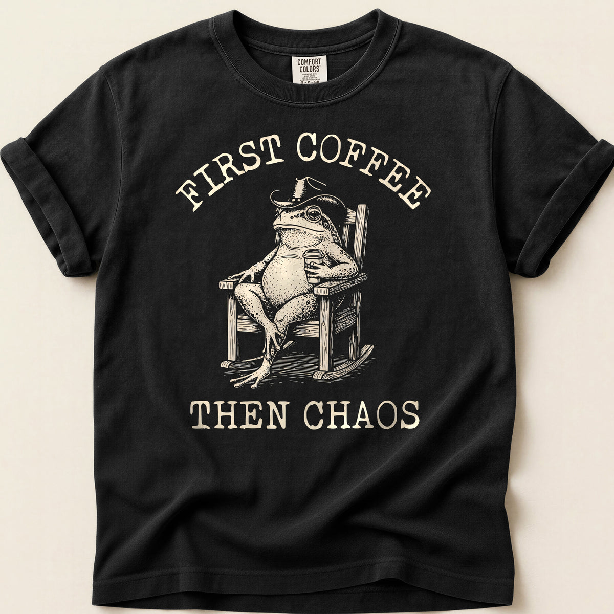 Coffee Chaos Toad T-shirt on Black