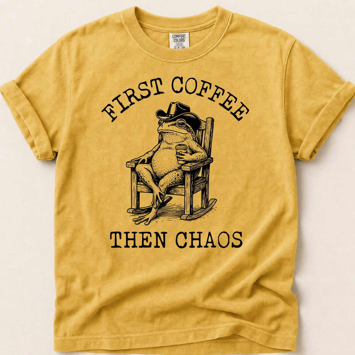 Coffee Chaos Toad T-shirt on Mustard