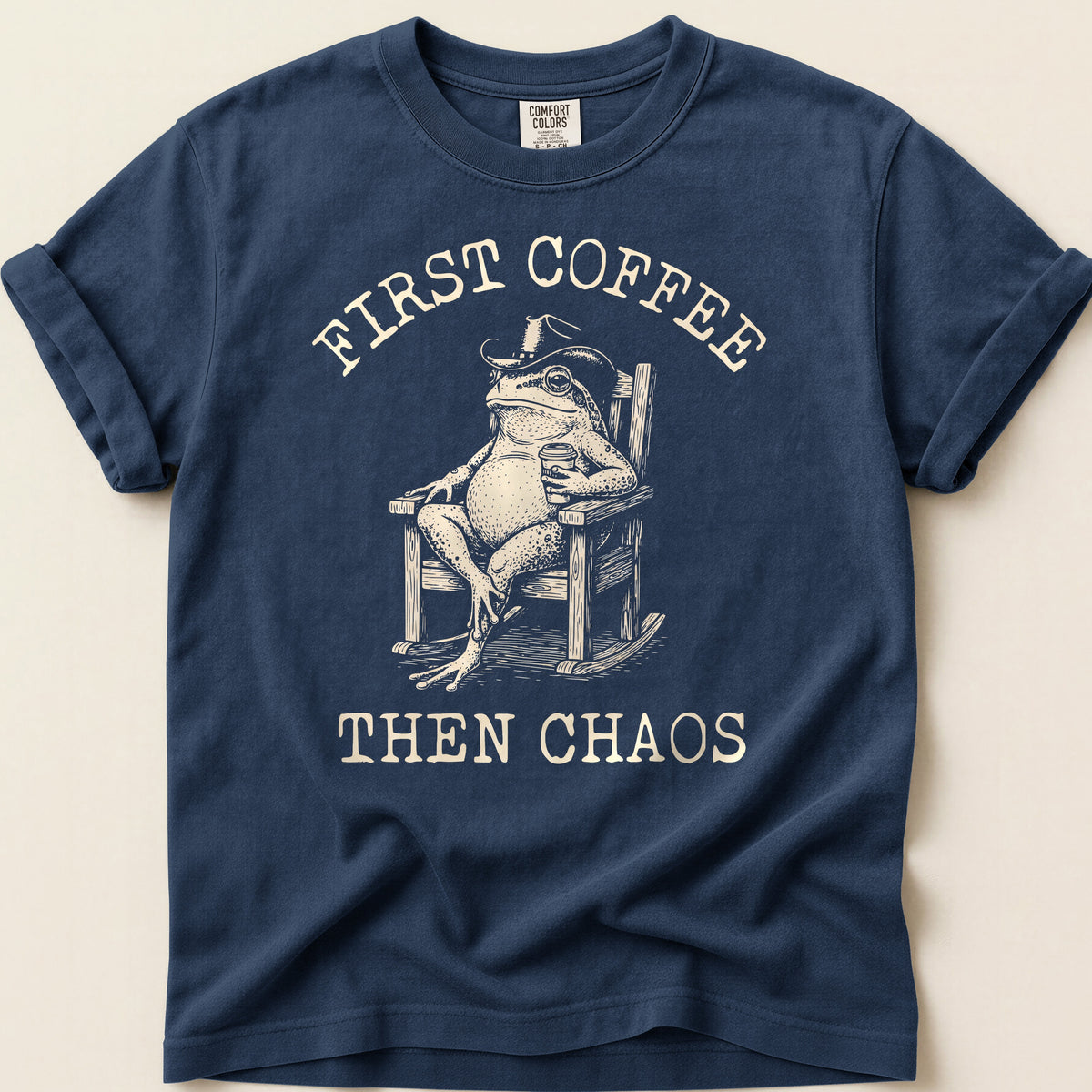 Coffee Chaos Toad T-shirt on Navy