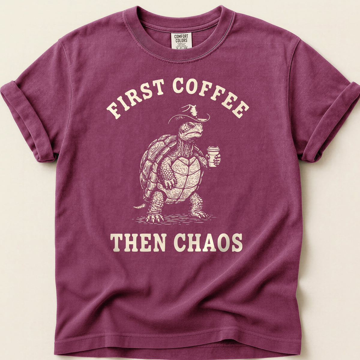 Coffee Chaos Turtle T-shirt on Berry